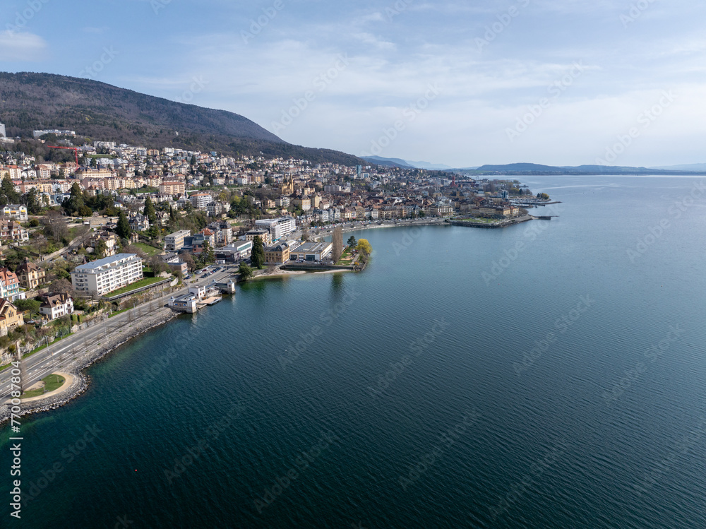 The Swiss city of Neuchatel with the lakeside promenade and Lake Neuchâtel from the air