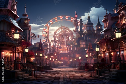 Amusement park in the night. Panoramic image.