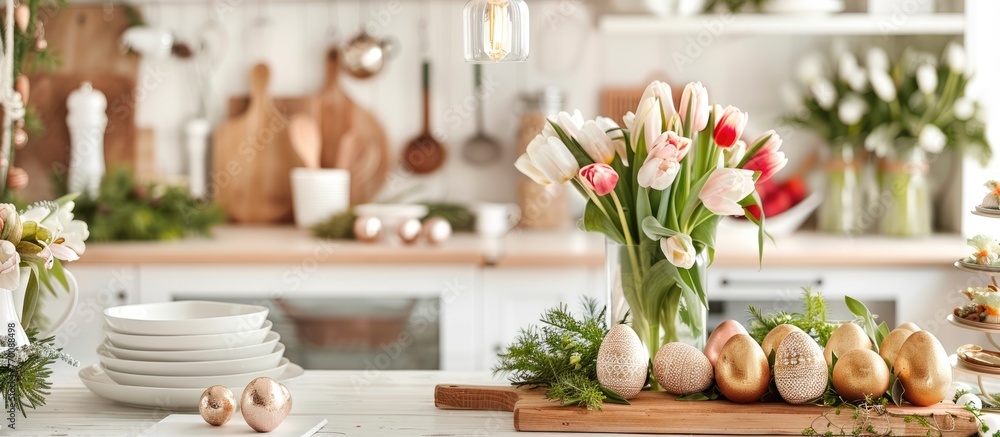 A display of tulips, Easter decorations, and golden-patterned eggs on a table in a stylish white Scandinavian kitchen. The setting conveys a simple yet elegant message.