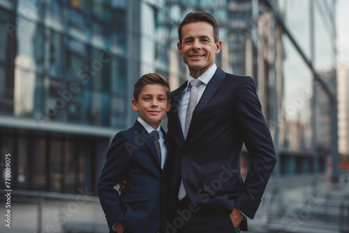 Confident father and son dressed in formal suits stand together against a backdrop of modern city architecture