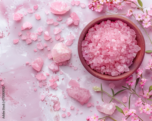 Pink salt crystals in a bowl and spread around on a white background
