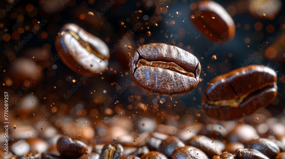 Levitating roasted coffee beans on dark background create stunning visual impact Levitating roasted coffee beans on dark background create stunning visual impact