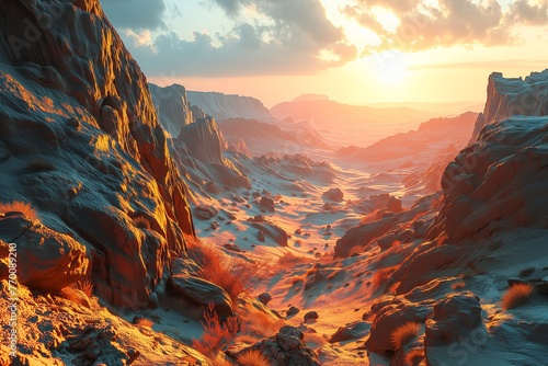 Sunset bathes an alien desert in golden hues, highlighting a rugged landscape as day gives way to dusk