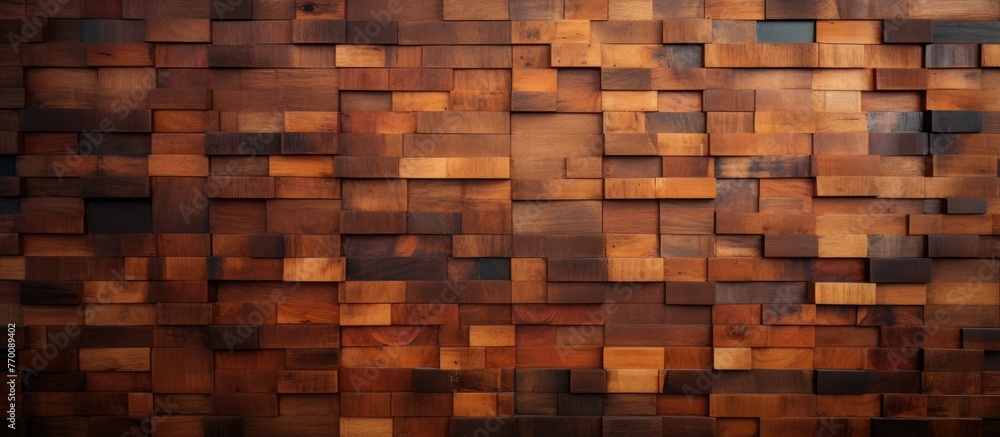 A detailed closeup of a brown hardwood wall consisting of rectangular wooden squares. The intricate pattern resembles brickwork with a wood stain finish - obrazy, fototapety, plakaty 