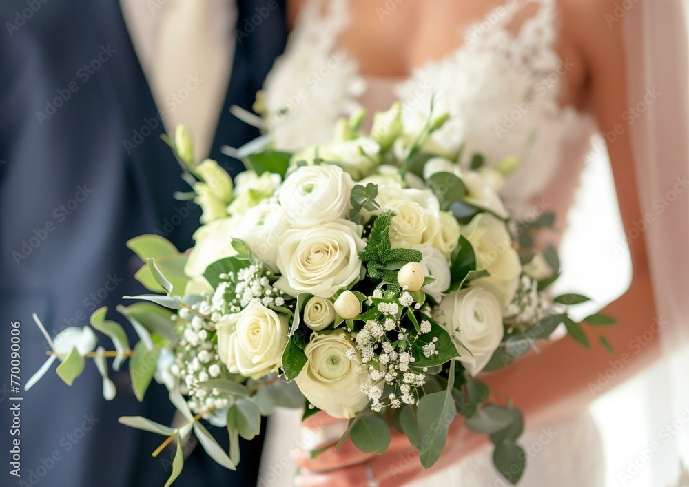 Elegant Bride Holding a Beautiful White Rose Wedding Bouquet Close-up
