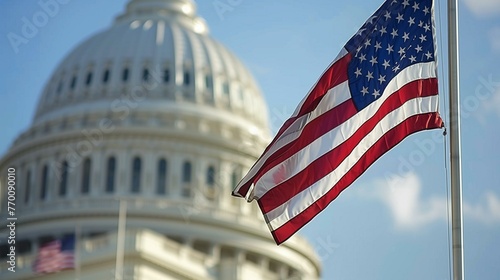 Patriotic American Flag Waving Before The US Capitol Building
