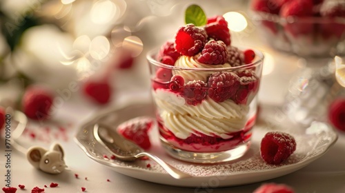 Portrait of raspberry dessert, cheesecake in a glass on blur background. Generated AI image