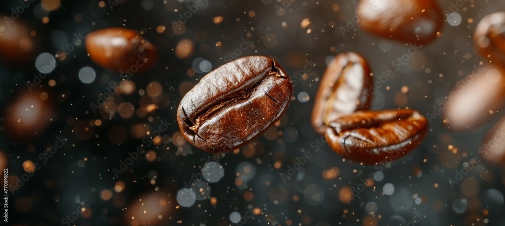 Roasted coffee beans in dynamic motion, levitating gracefully on a sleek black background Roasted coffee beans in dynamic motion, levitating gracefully on a sleek black background