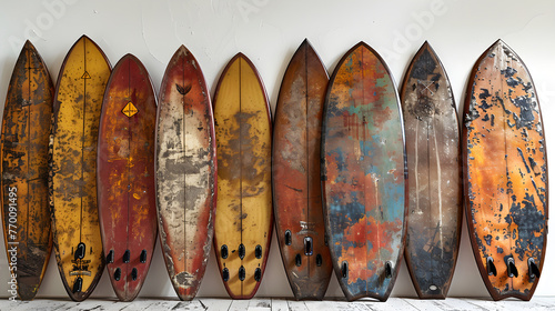 Collection of vintage wooden fishboard surfboard isolated on white with clipping path for object, retro styles photo