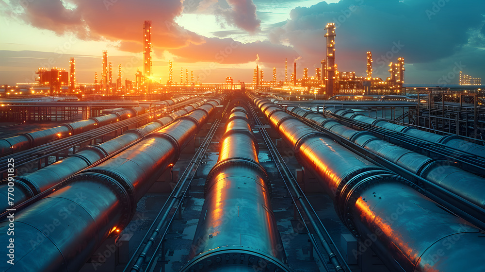 Industry pipeline transport petrochemical, gas and oil processing, furnace factory line, rack of heat chemical manufacturing, equipment steel pipes plant with . - obrazy, fototapety, plakaty 