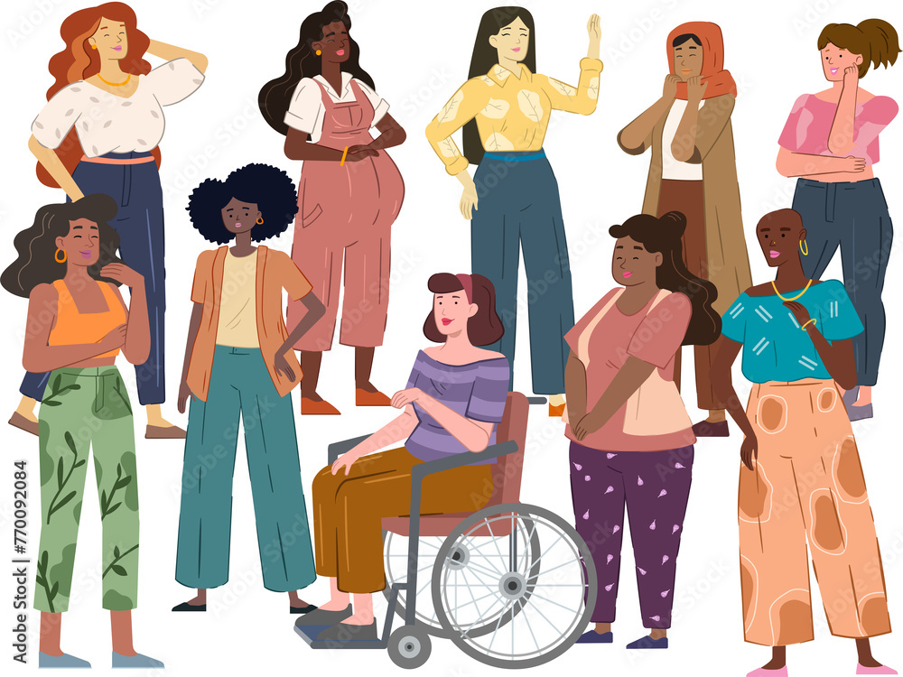 Illustration of a group diverse women, each with different body type ...