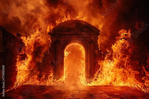 hell's gate, devil, horrific gates of hell with flames and fire and smoke photo
