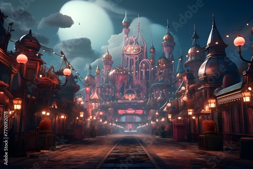 3D illustration of a fantasy fairytale city at night.