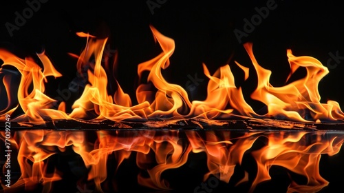 Hot red Fire flames isolated on black background. AI generated image