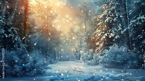 illustration of a beautiful winter christmas snowy forest background photo