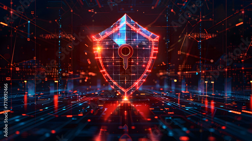 Wallpaper Illustration and background of cyber security data protection shield, with key lock security system, technology digital. Front view. Concept of database security software.