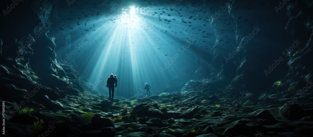 divers pass through a cave at the bottom of the deep sea - obrazy, fototapety, plakaty 