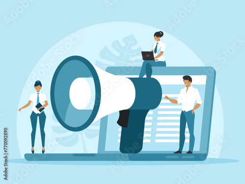Promotion company concept. Big megaphone standing on laptop. Communication. Vector graphics