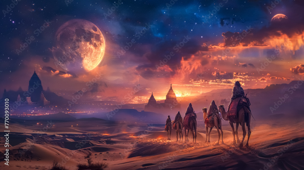 Fototapeta premium Desert caravan under a cosmic sky