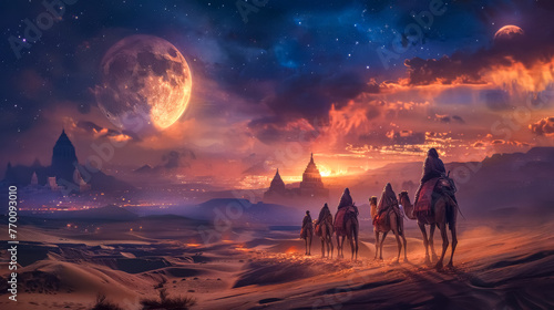 Desert caravan under a cosmic sky
