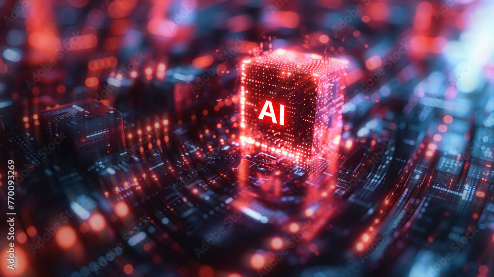 Illustration of a motherboard with AI sign at a futuristic central processing unit - Radial blur effect - obrazy, fototapety, plakaty 