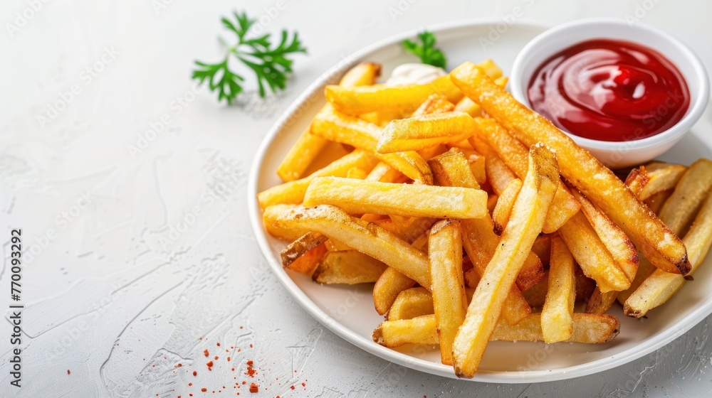 Top view of french Fries with Ketchup on plate in white background, copy space. Generated AI image Top view of french Fries with Ketchup on plate in white background, copy space. Generated AI image