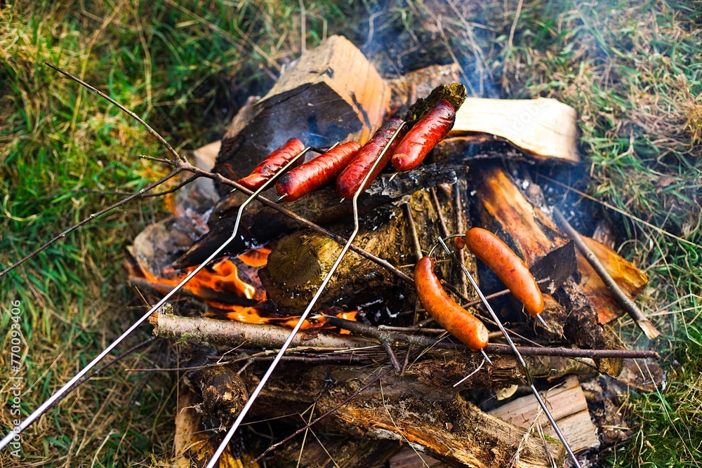 Traditional-style roasted sausages over a grassy bonfire with wood embers, emitting white smoke. Sausages exhibit a beautiful golden-brown color. Traditional-style roasted sausages over a grassy bonfire with wood embers, emitting white smoke. Sausages exhibit a beautiful golden-brown color.