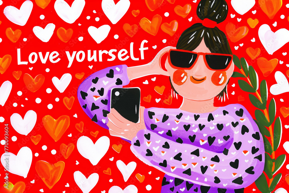 Positive girl with smartphone and text love yourself. Cute doodle style illustration. - obrazy, fototapety, plakaty 