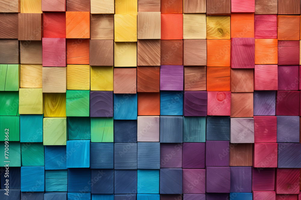 Abstract geometric rainbow colors colored wooden square cubes texture wall background banner illustration panorama long, textured wood wallpaper - obrazy, fototapety, plakaty 