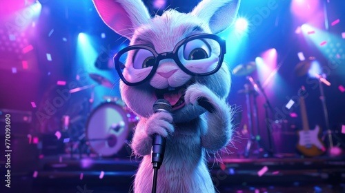 Cute rabbit wearing glasses singing using microphone on stage. AI generated
