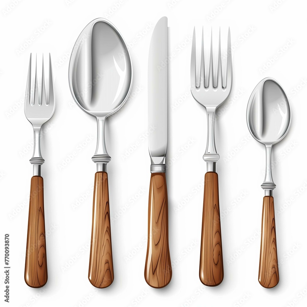 Naklejka premium Elegant Cutlery Set with Wooden Handles on White Background for Fine Dining Decor
