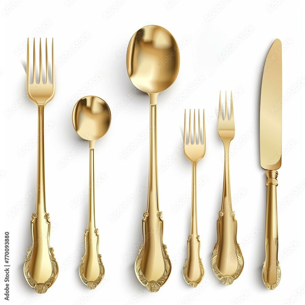 Elegant Gold Cutlery Set on White Background for Fine Dining - obrazy, fototapety, plakaty 