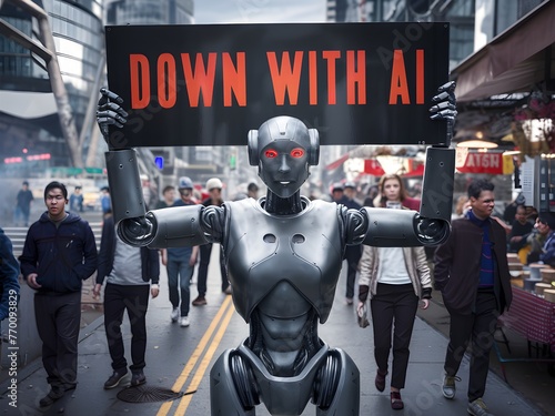 Robot protesting against artificial intelligence on a bustling city street