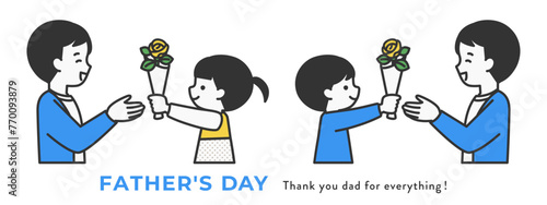 父の日に黄色のバラをプレゼントする子供達のイラスト素材