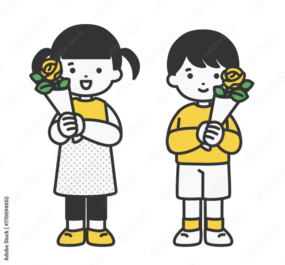 黄色のバラを持つ子供のイラスト素材 黄色のバラを持つ子供のイラスト素材