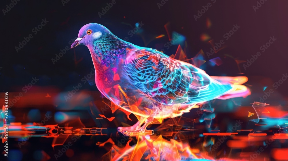 Abstract 3d colorful hologram pigeon bird drawing in dark background. AI generated - obrazy, fototapety, plakaty 