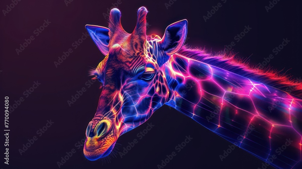 Abstract 3d colorful hologram giraffe animal drawing in dark background. AI generated - obrazy, fototapety, plakaty 