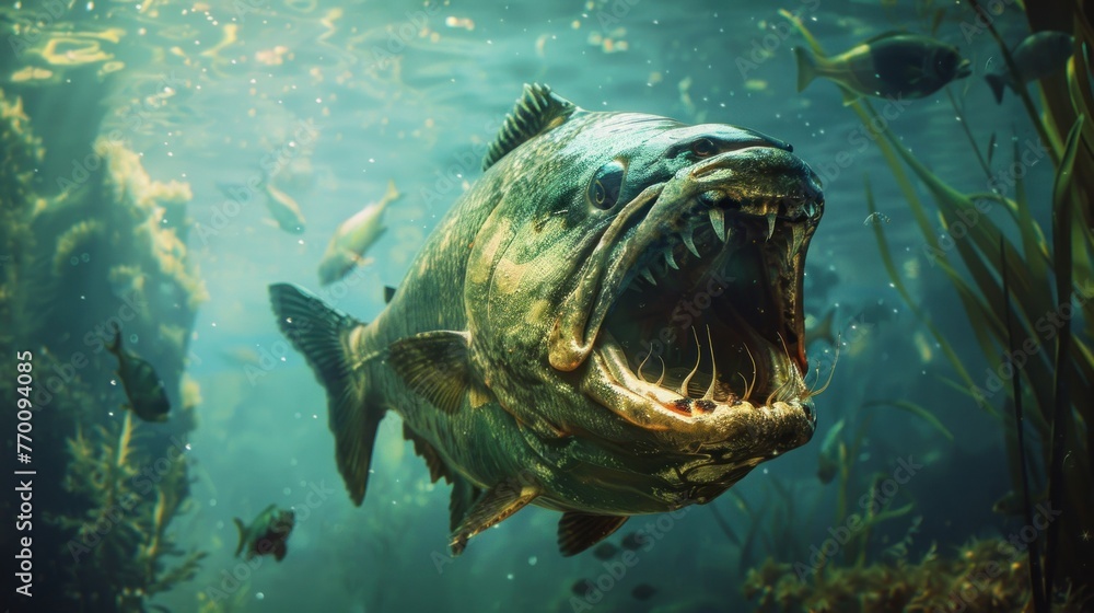 Piranha killer zombie fish swimming on underwater in the river. AI generated image - obrazy, fototapety, plakaty 