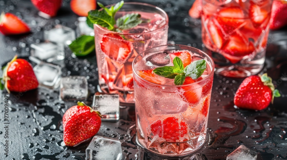 Fresh summer drink strawberry cocktail with ice cubes in glass. AI generated image - obrazy, fototapety, plakaty 