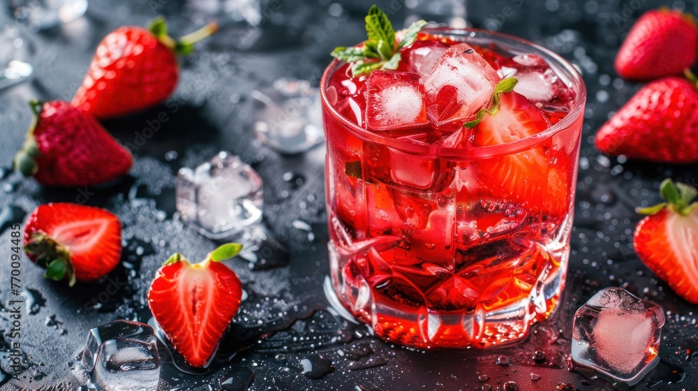 Fresh summer drink strawberry cocktail with ice cubes in glass. AI generated image - obrazy, fototapety, plakaty 