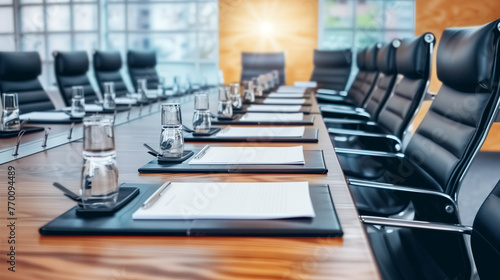  "Professional Meeting Space" An illustration capturing the essence of a professional meeting space, featuring an empty conference table with black leather chairs, notepads, and pens neatly arranged. 