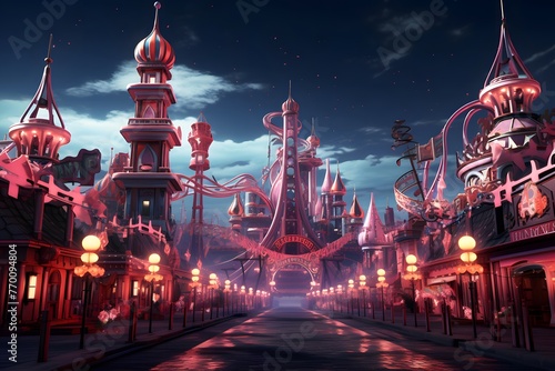 Amusement park at night in Tokyo, Japan. This is a 3d render illustration.