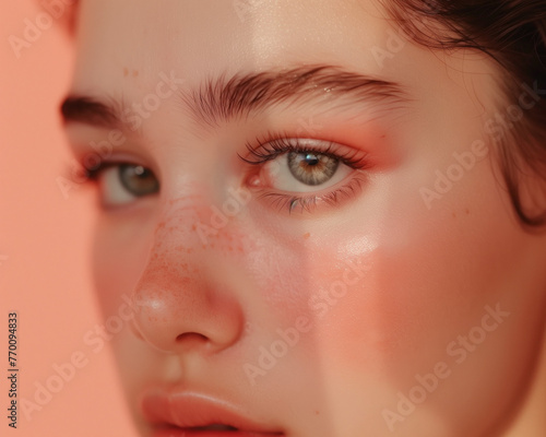 Closeup half side angle portrait of a beautiful young woman with green eyes and fleckers on her nose