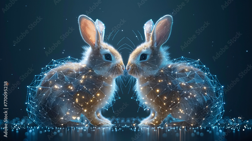 Two cute polygonal rabbit figure composed of sparkling points and lines on dark digital landscape backdrop - obrazy, fototapety, plakaty 