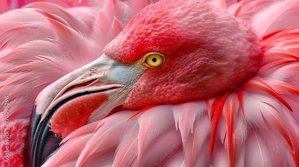 The flamingo’s feathers are a striking bright pink, appearing soft and fluffy. - obrazy, fototapety, plakaty 