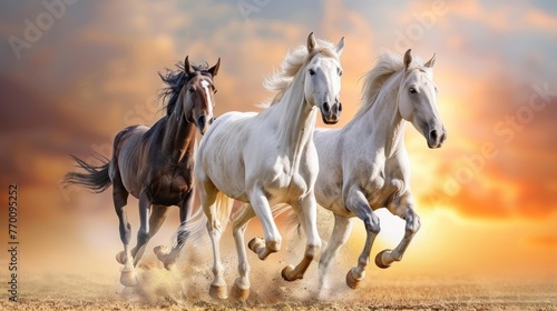 Beautiful strong horses animal running together in savanna. AI generated image