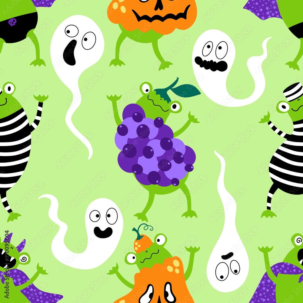 Naklejka premium Cartoon Halloween animals carnival costumes seamless frogs and pumpkins pattern for wrapping and kids party
