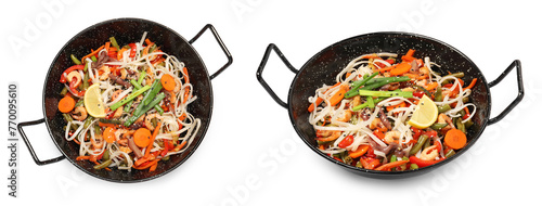 Wok with shrimp stir fry, noodles and vegetables isolated on white, top and side views