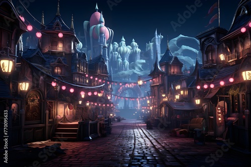 Fantasy city at night 3D illustration. Magical city in the night.