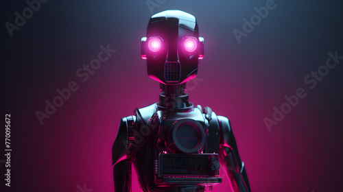 Film camera character with a long film camera head wearing a dark suite with a tie photo